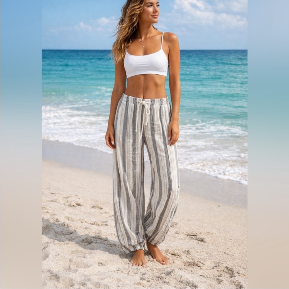 Roxy Women's Wide Leg Striped Beach Pants in White and Gray